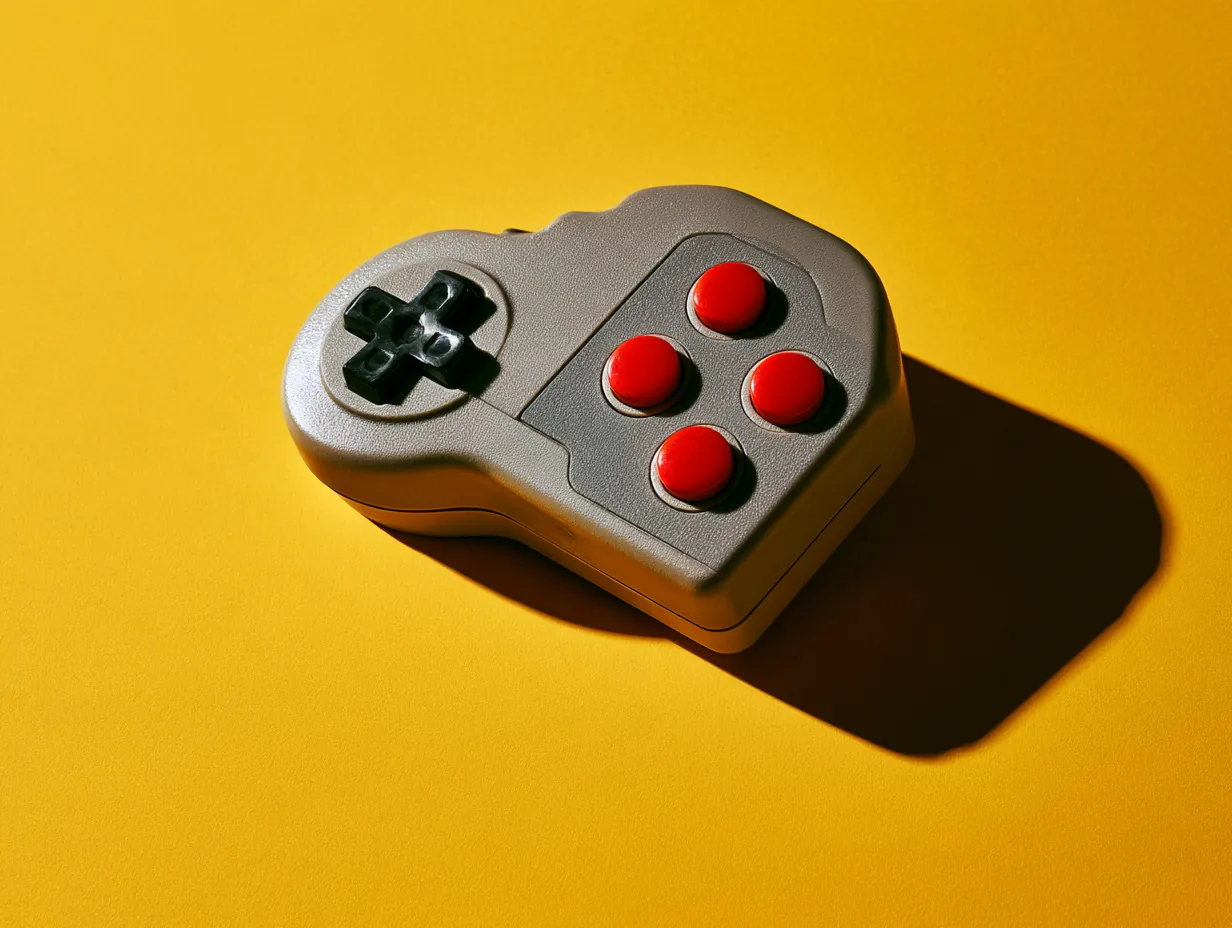 Chunky grey game controller with red buttons on a yellow backdrop