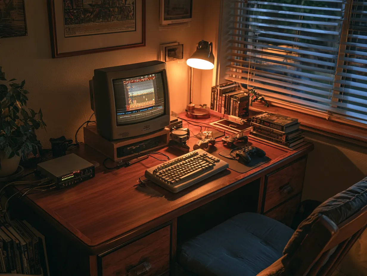 A retro gaming desk with a small CRT monitor at dusk
