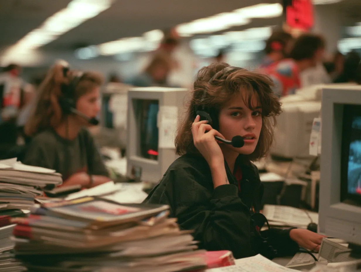 A 1990s tips hotline office with counselors in headsets