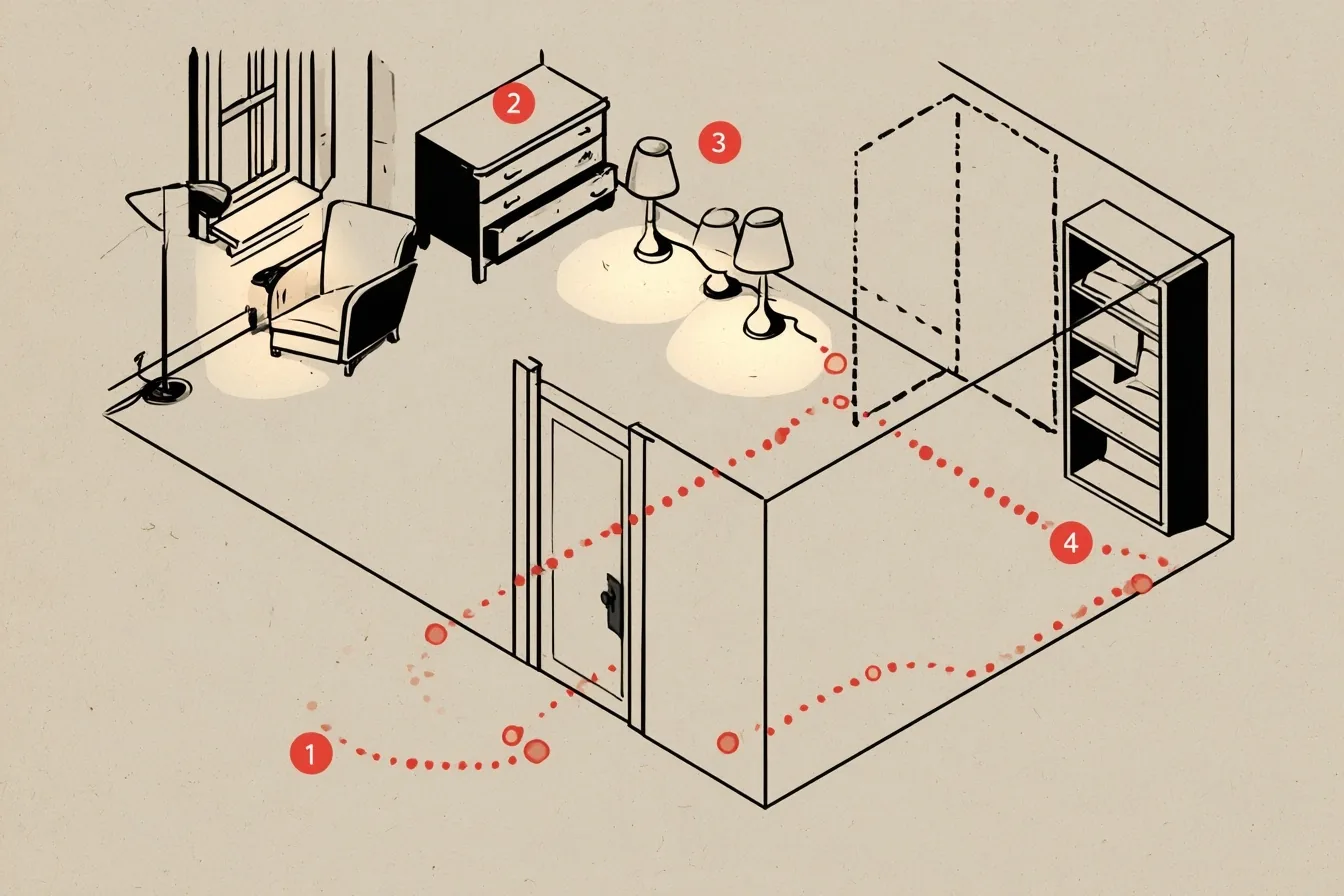 The apartment. Start at the chair by the window and follow the route past the dresser and the lamps; the dashed corner is the boss, and you leave it empty until the right piece arrives.