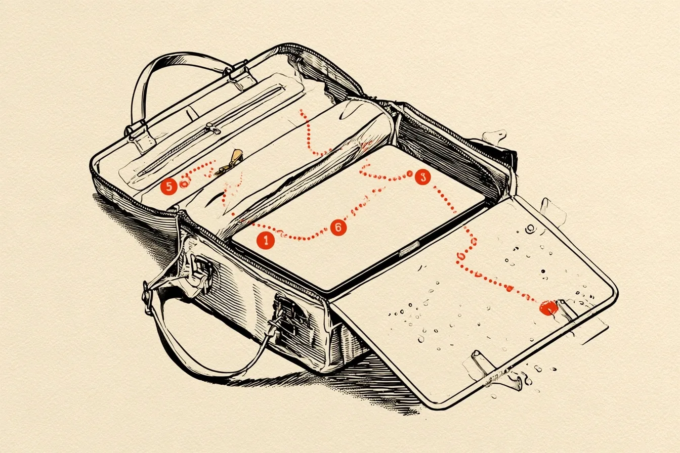 The bag. Start at the handles and follow the route around the case, checking each numbered stop the way you would in the shop.
