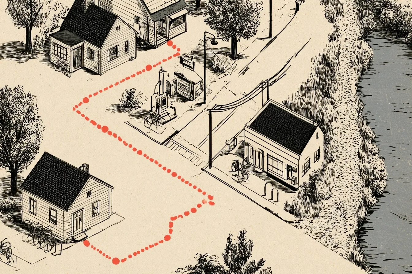The commute. The route leaves the house, passes the shop and the pump, locks up at the office rack on weekdays and continues to the river path on Saturday.