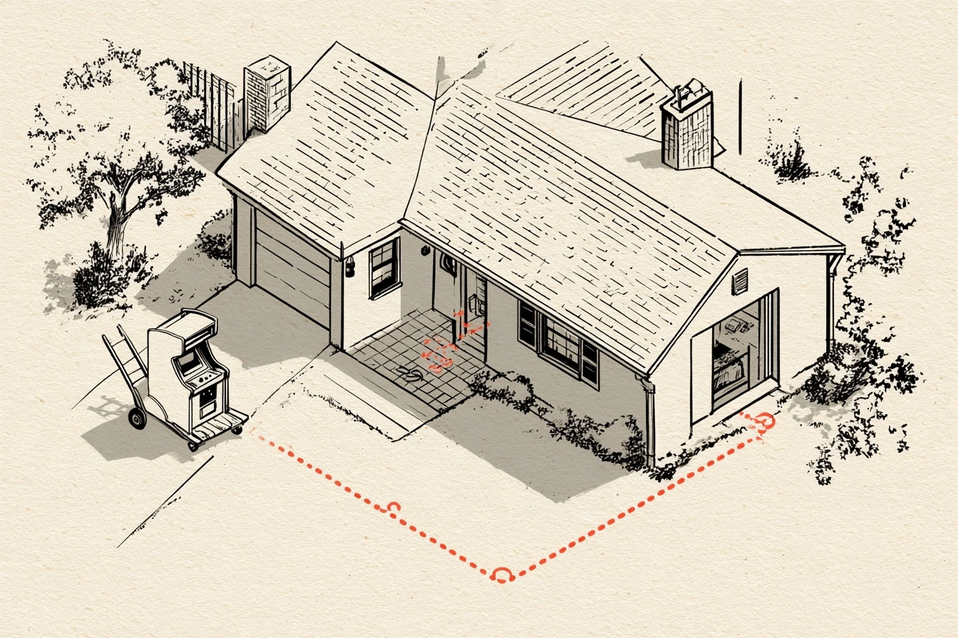 The move. The route runs from the driveway through the front door to the game room, one careful step at a time.