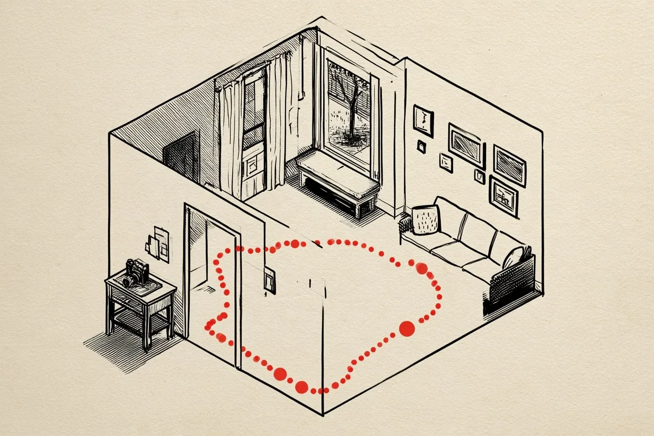 The loop. The camera leaves the hall table, finds soft light by the window and in the shade of the park and comes home to the wall of prints, which is the reason for the whole trip.