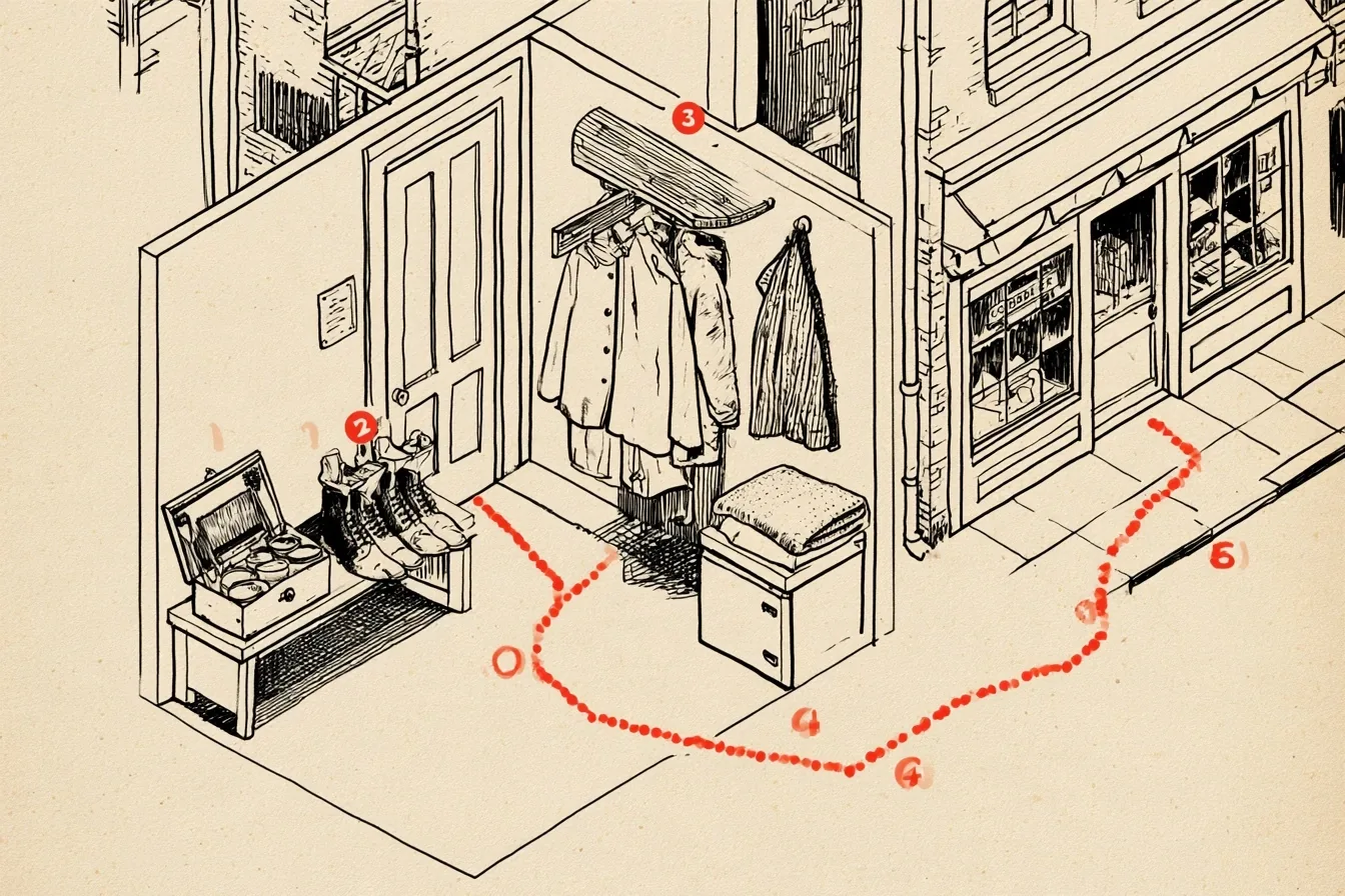 The map shows the Sunday route. Start at the kit on the bench, work through the shoes and the coats, and end at the cobbler’s door before the sole goes through.