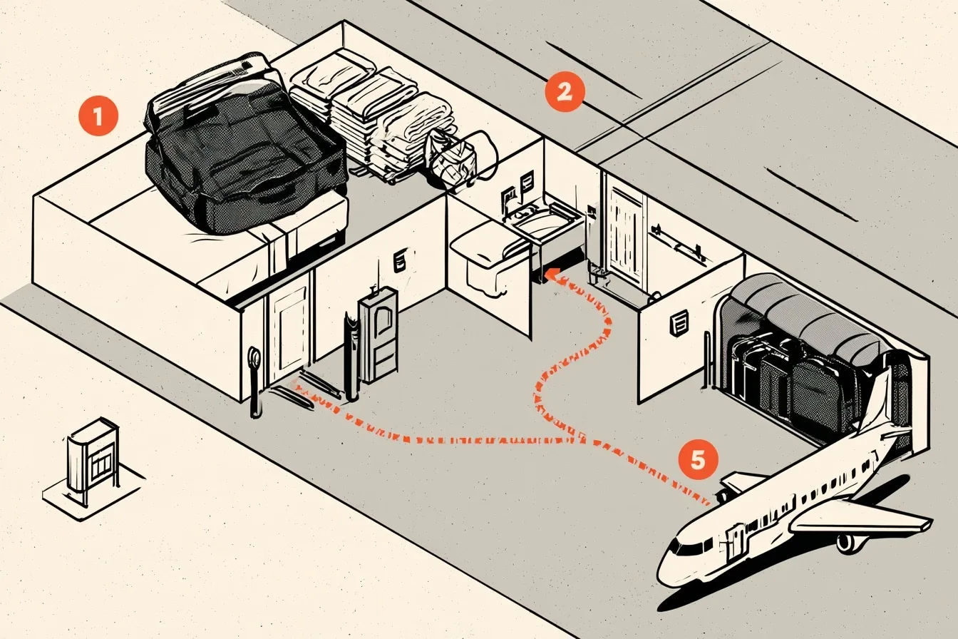 The map shows the one-bag route. Pack at the bed, clear security with the liquids on top and board early at the gate, where the boss waits with the full bin.