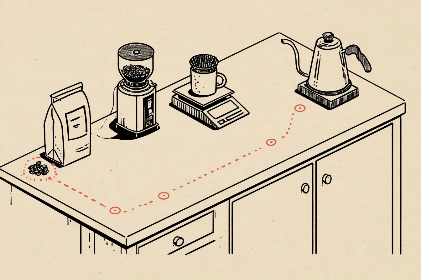 The coffee counter. Start at the bag of beans, stop at the grinder and the kettle, brew on the scale and finish at the cabinet door, where the recipe card is taped for tomorrow.