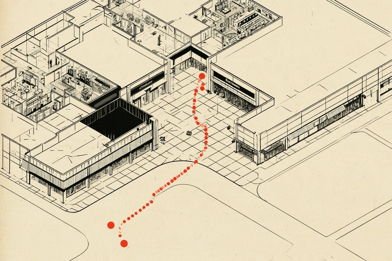 The mall. Two stores face each other across the atrium, and the dotted line is the front.