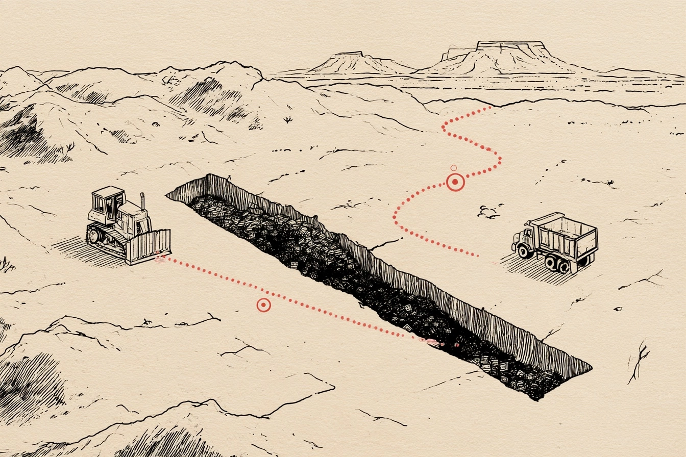 The landfill. The route runs from the gate past the bulldozer to the trench where the cartridges went.