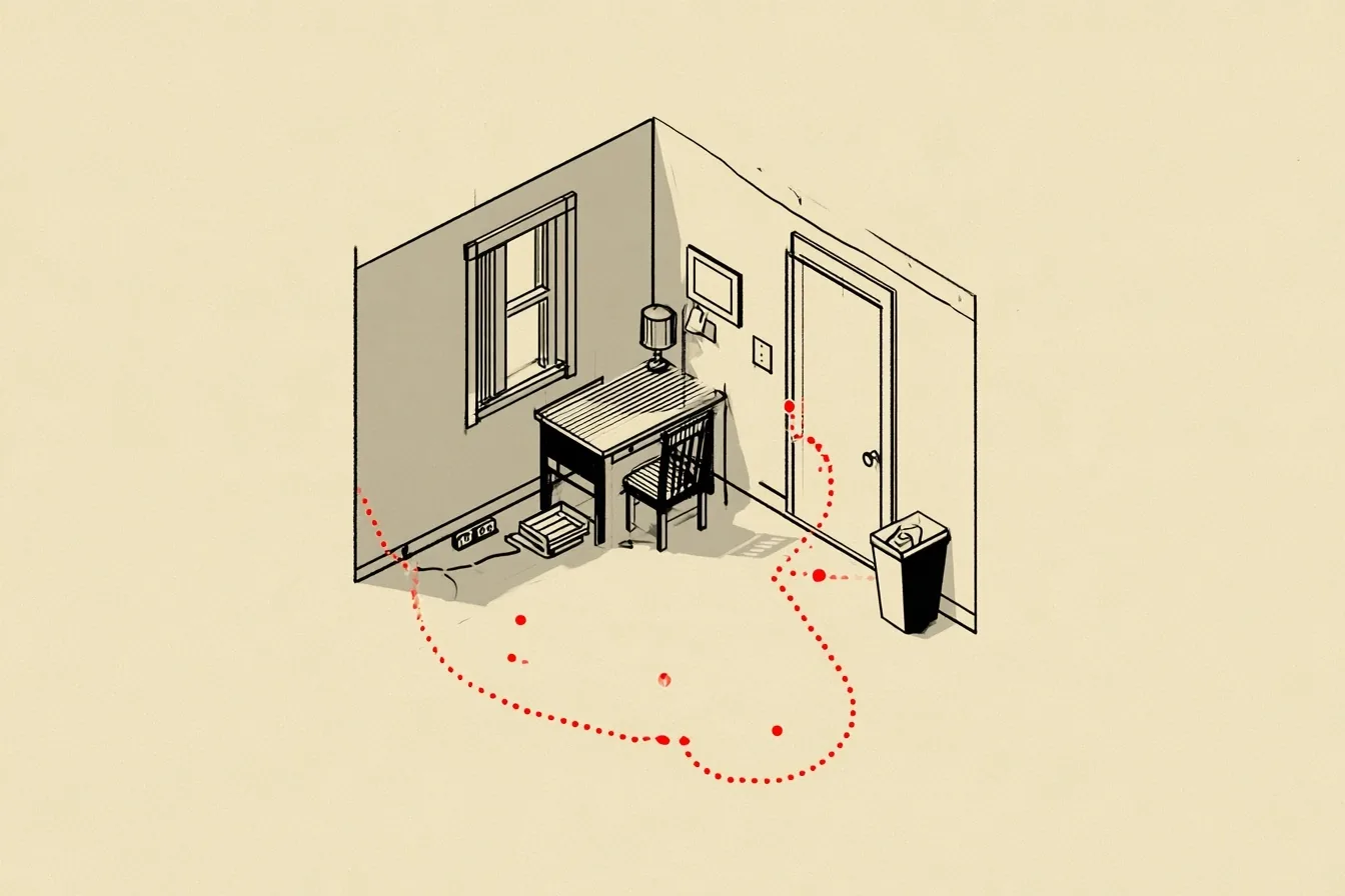 The office. The route runs from the door to the chair, under the desk to the power strip and back past the tray to the recycling bin, which is the last stop of every working day.