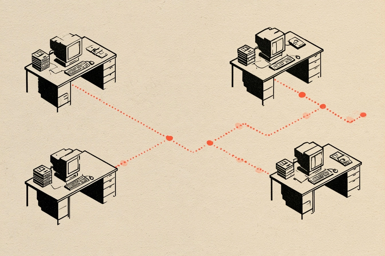 The office. The dotted route is the network cable, and it links every machine in the room.
