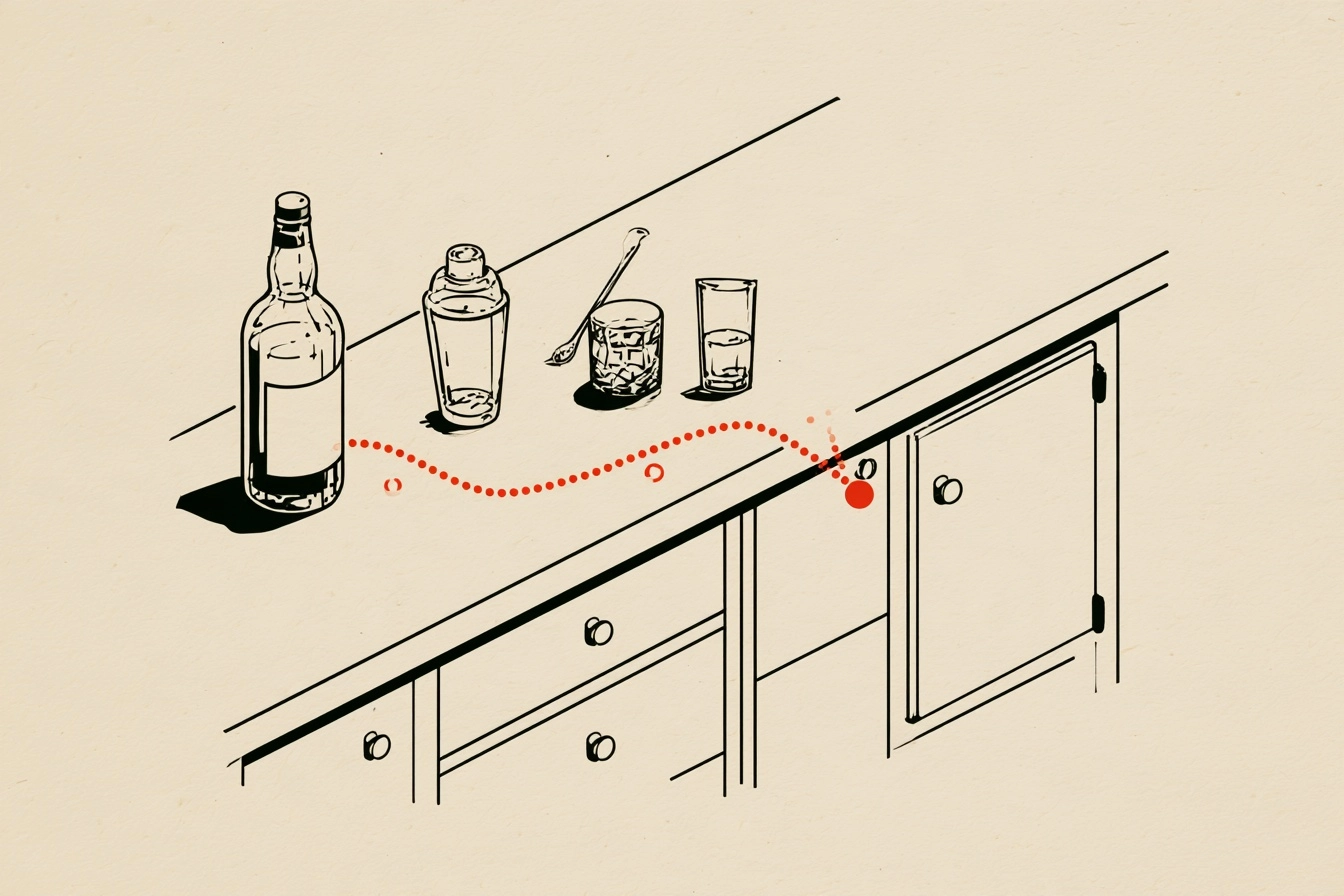 The bar. Follow the route from the bottle to the mixing glass, stir at the circle and finish at the rocks glass with the water beside it; the route ends at the cabinet, where the bottle goes back.