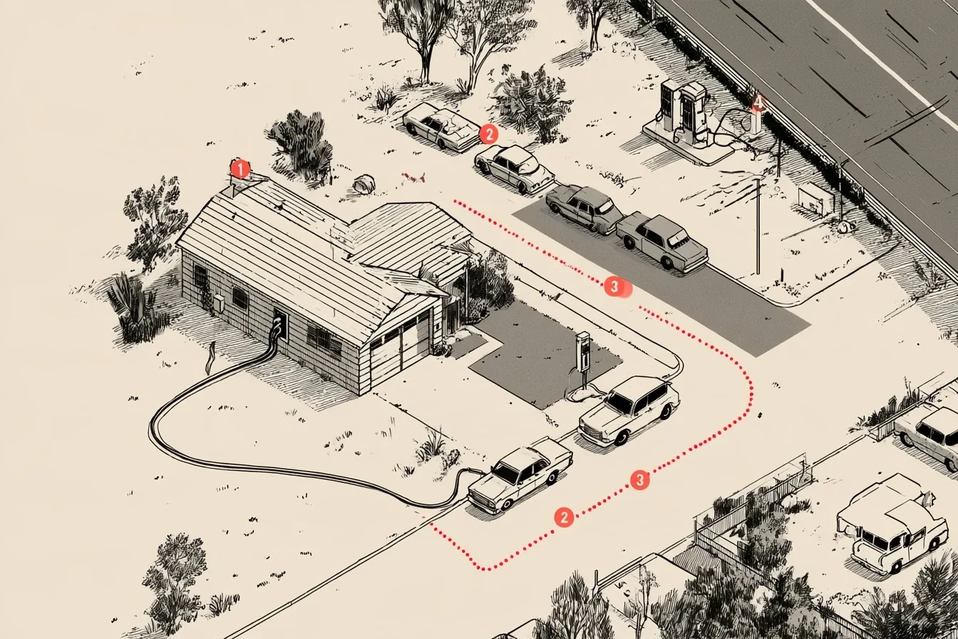 The neighborhood. Start at the garage and plan the circuit, cross the gray street where renters fight the boss, and finish at the used lot with a battery report in hand.