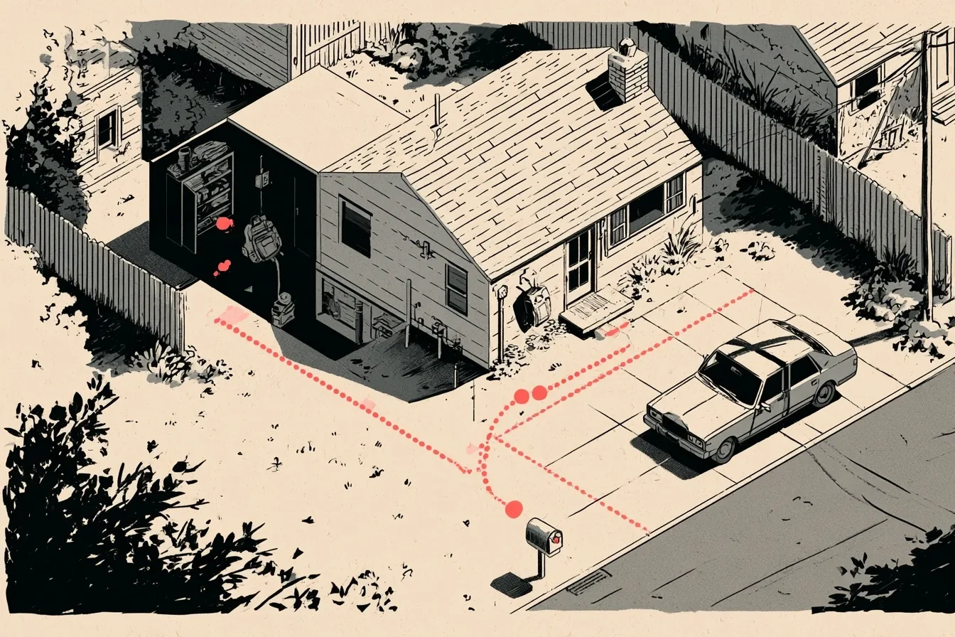 The house. The route runs from the supply shelf to the water shutoff and the gas meter, picks up the backpack at the front door and ends at the mailbox, which is the family’s meeting point.