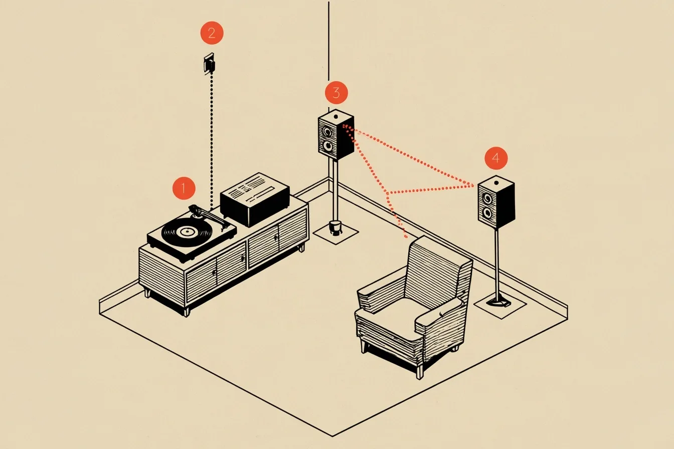 This is the listening room. Start at the turntable, follow the ground wire to the amplifier, then check that the two speakers and the chair form an even triangle.