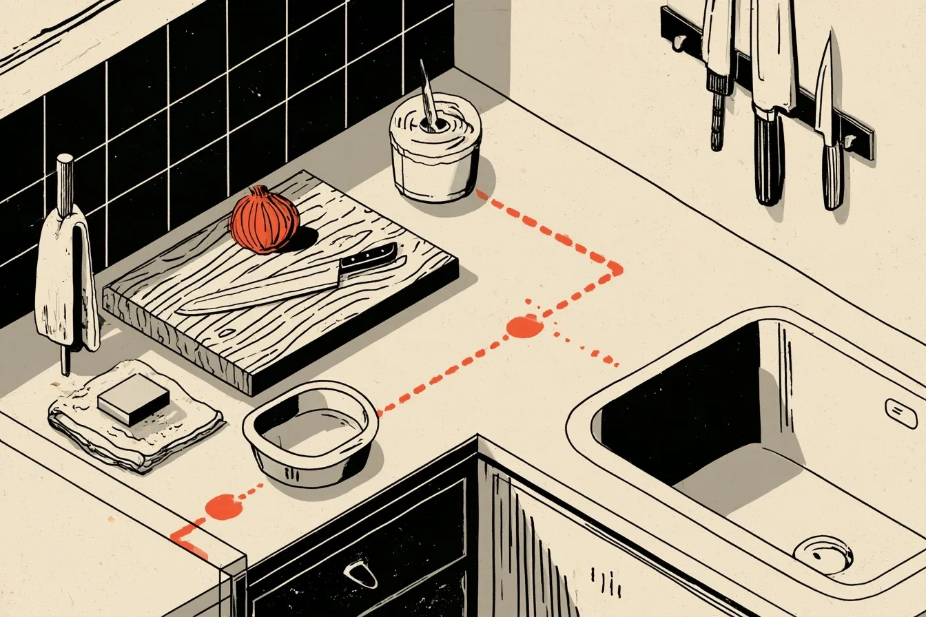 The kitchen. The route starts at the shop case, crosses the cutting board to the rod and the stone, stops at the sink for a hand wash and ends at the magnetic strip on the wall, which is where the knife lives.