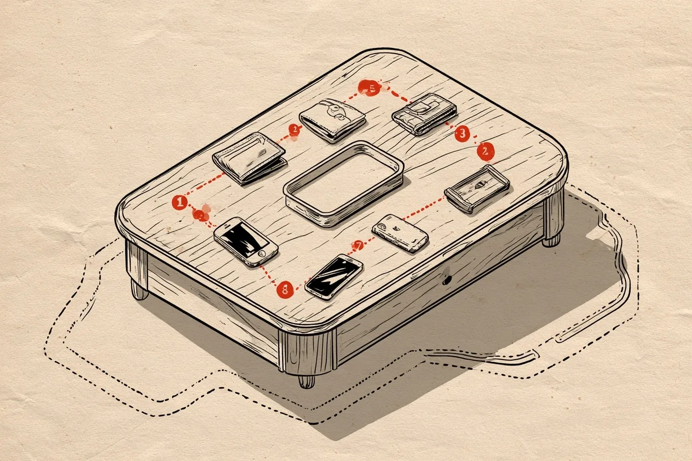 The tray by the door. Start at the wallet and walk the loop through the keys, watch, pen, notebook and handkerchief to the phone; the dotted outline is the pocket you leave empty.