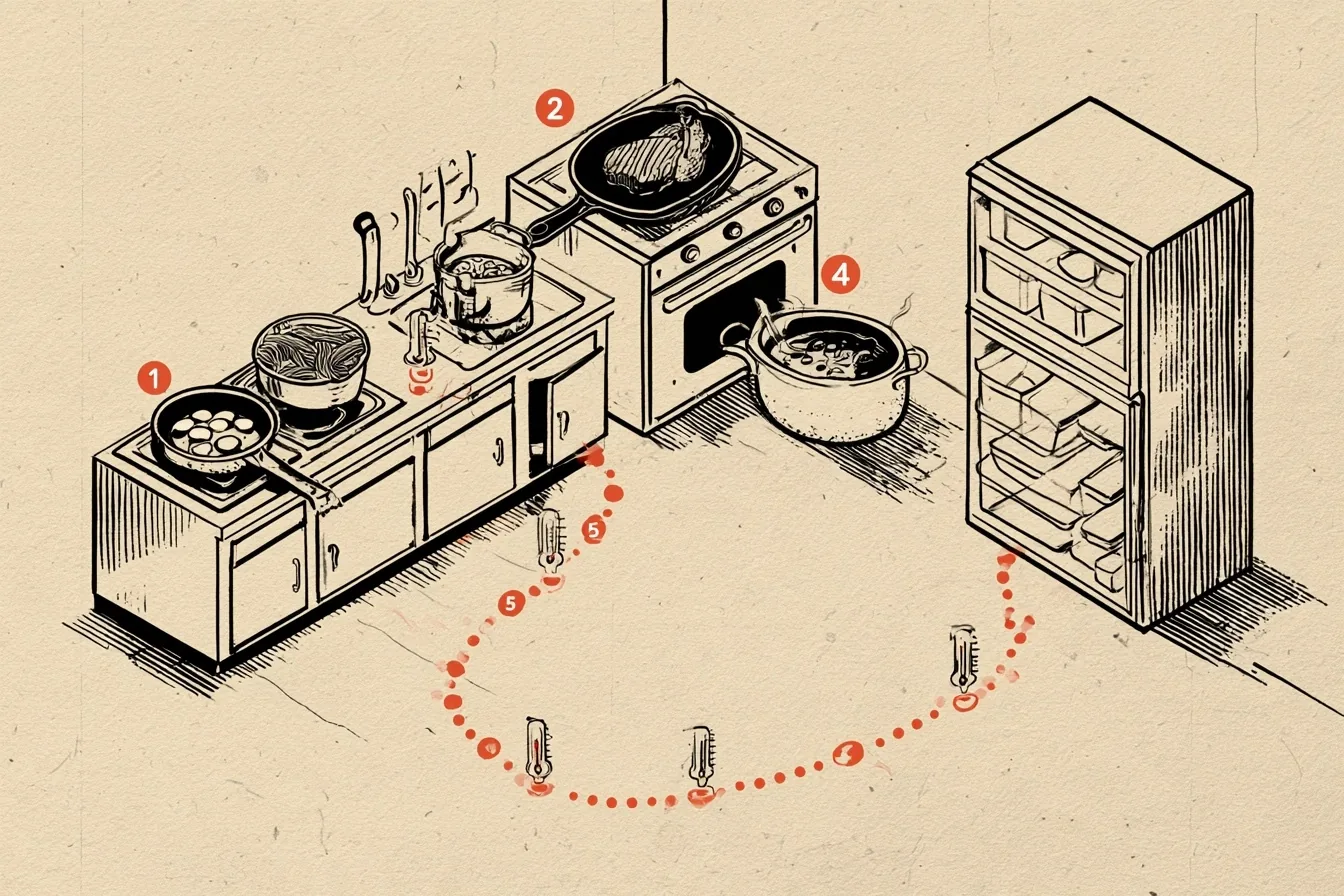 The map shows the kitchen route from the fastest dish to the slowest. Every stop has a thermometer beside it, because every stage ends with a number.