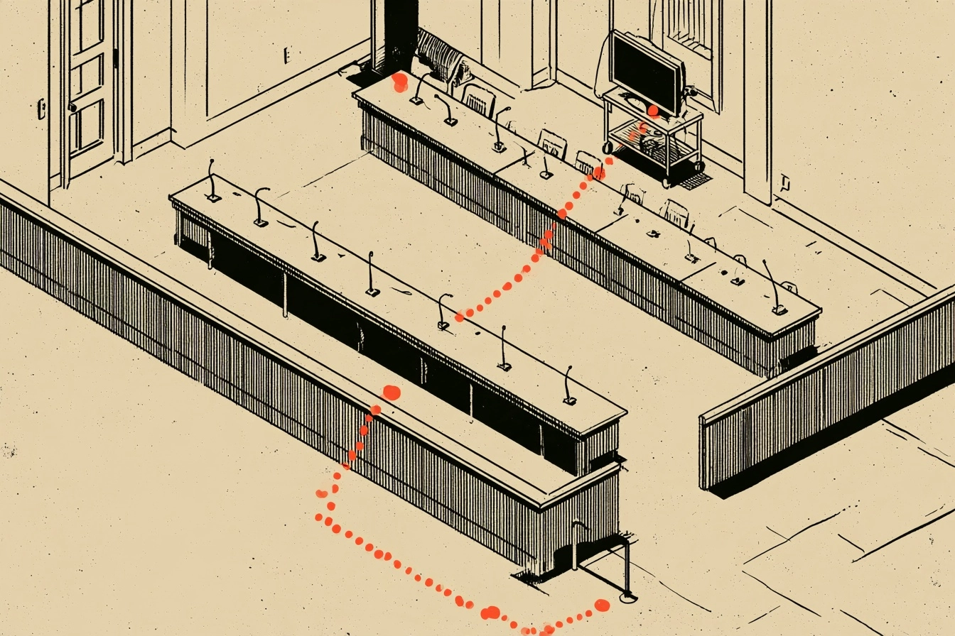 The hearing room. The route runs from the door to the television on the cart, where the argument started.