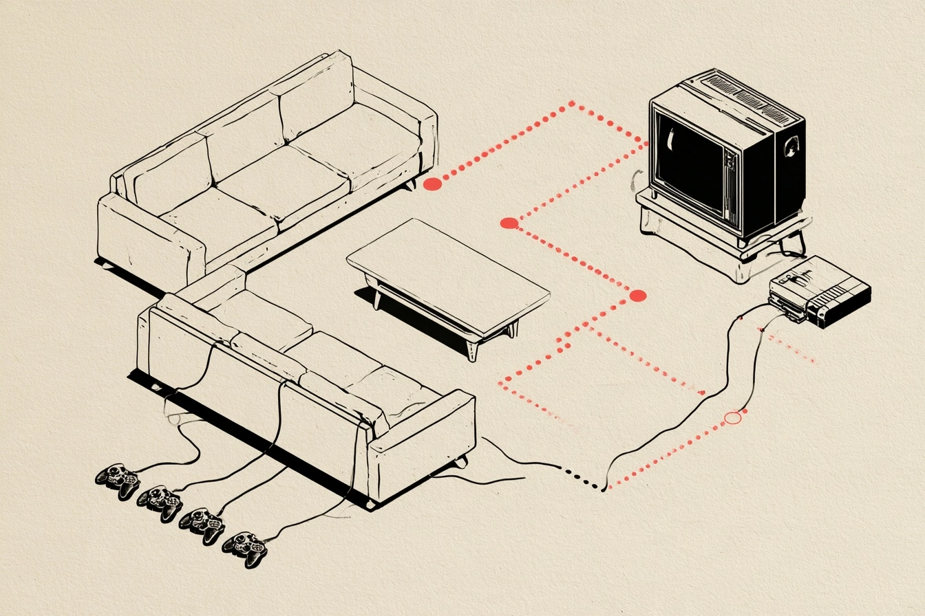 The living room. Four cords run from the console to the sofa, and that is the whole point.