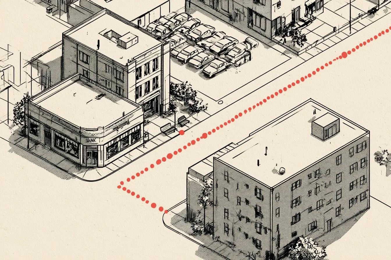The deal. The route begins at the bank, where you collect your preapproval and your walk-away number, then visits the office, the dealer and the apartment building in turn; the bench beside the route is where you can always go instead.