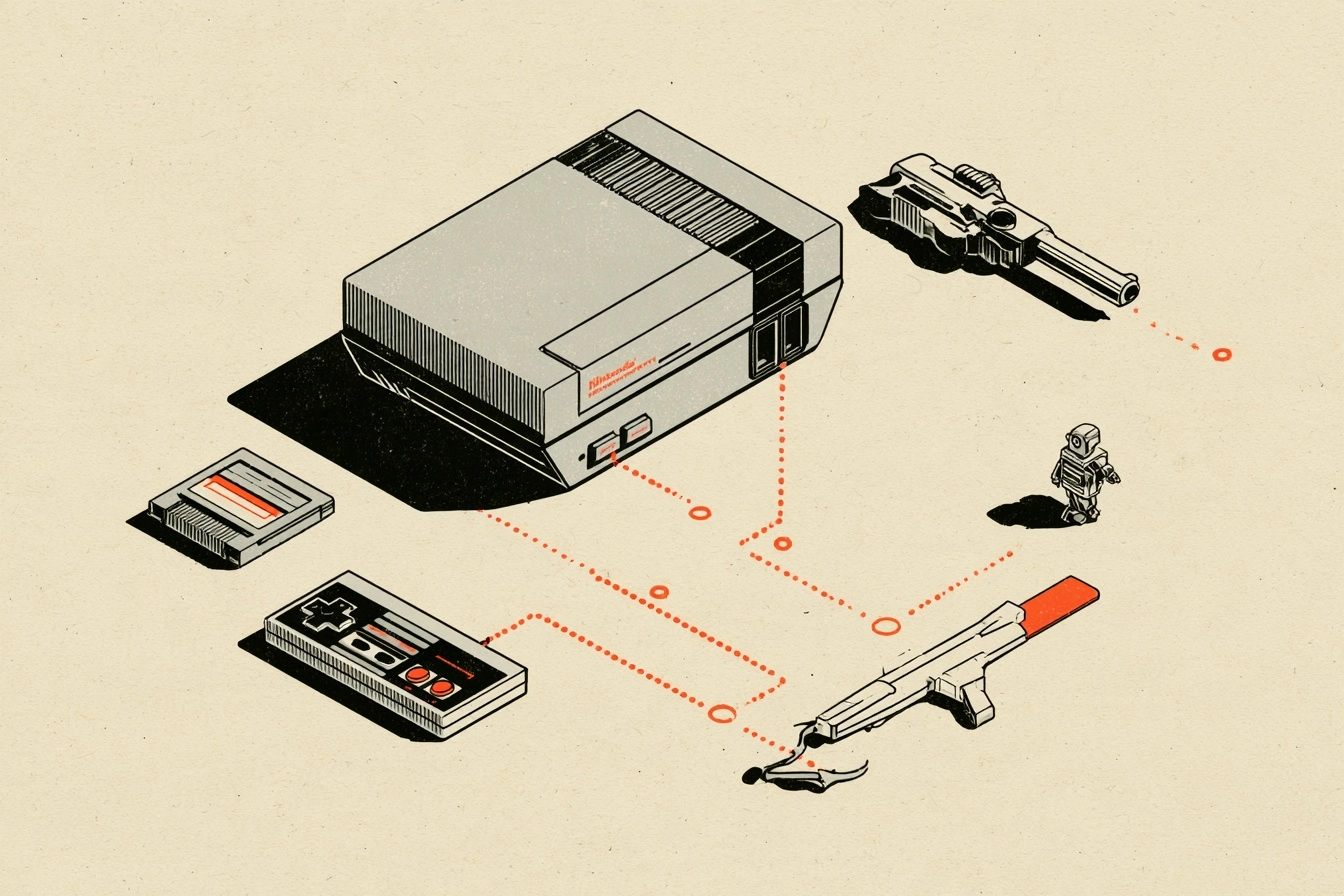 The gray box. The console, the cartridge, the controller, the light gun and the robot are laid out the way they came in the box.