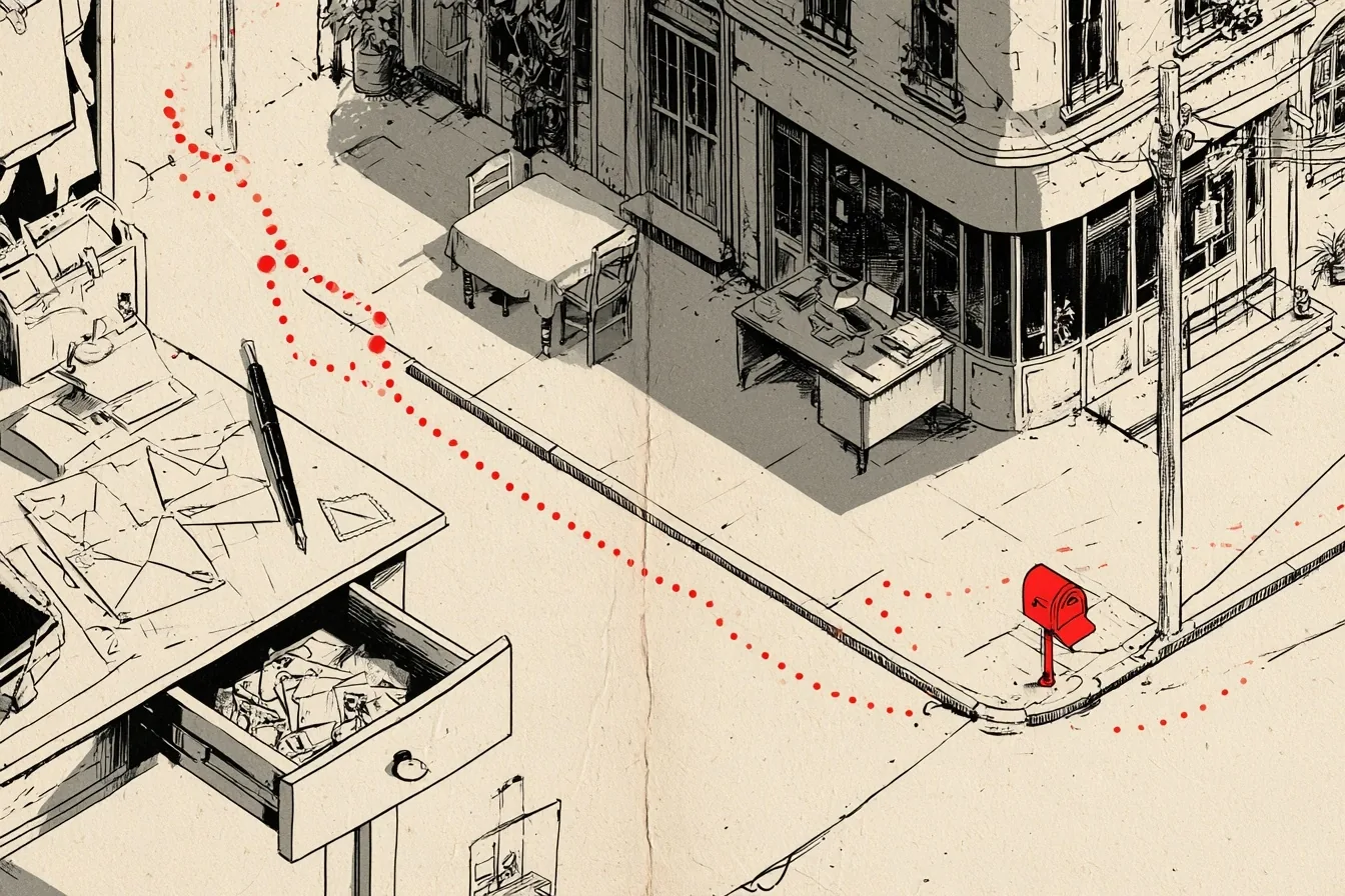 The note. The route begins at the stocked desk drawer, passes the dinner table and the interview office that call for a card and ends at the mailbox on the corner, where the job is done.