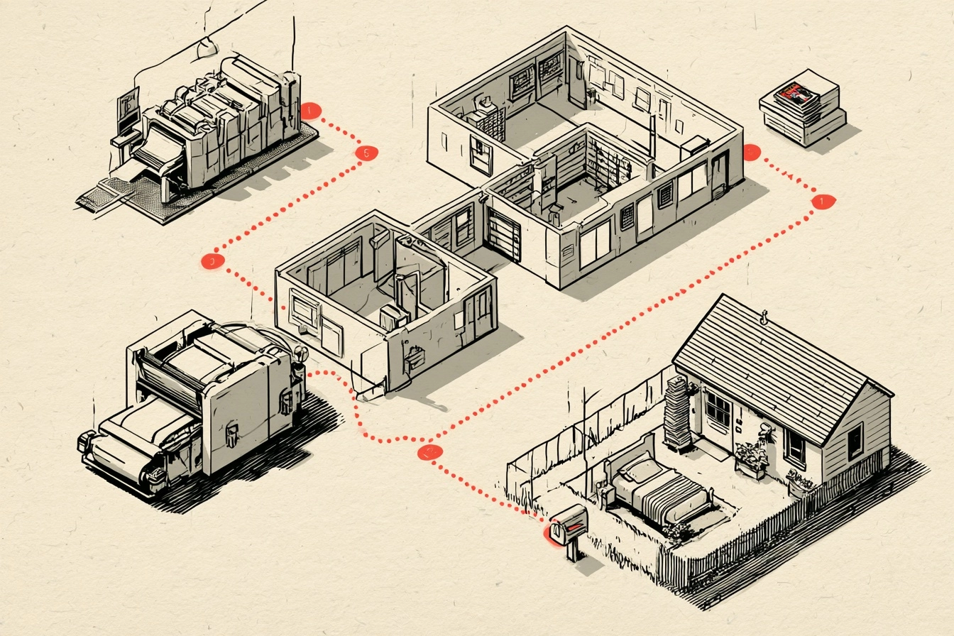 The mail route. The magazine leaves the press, passes through the post office and ends on a bedroom floor.
