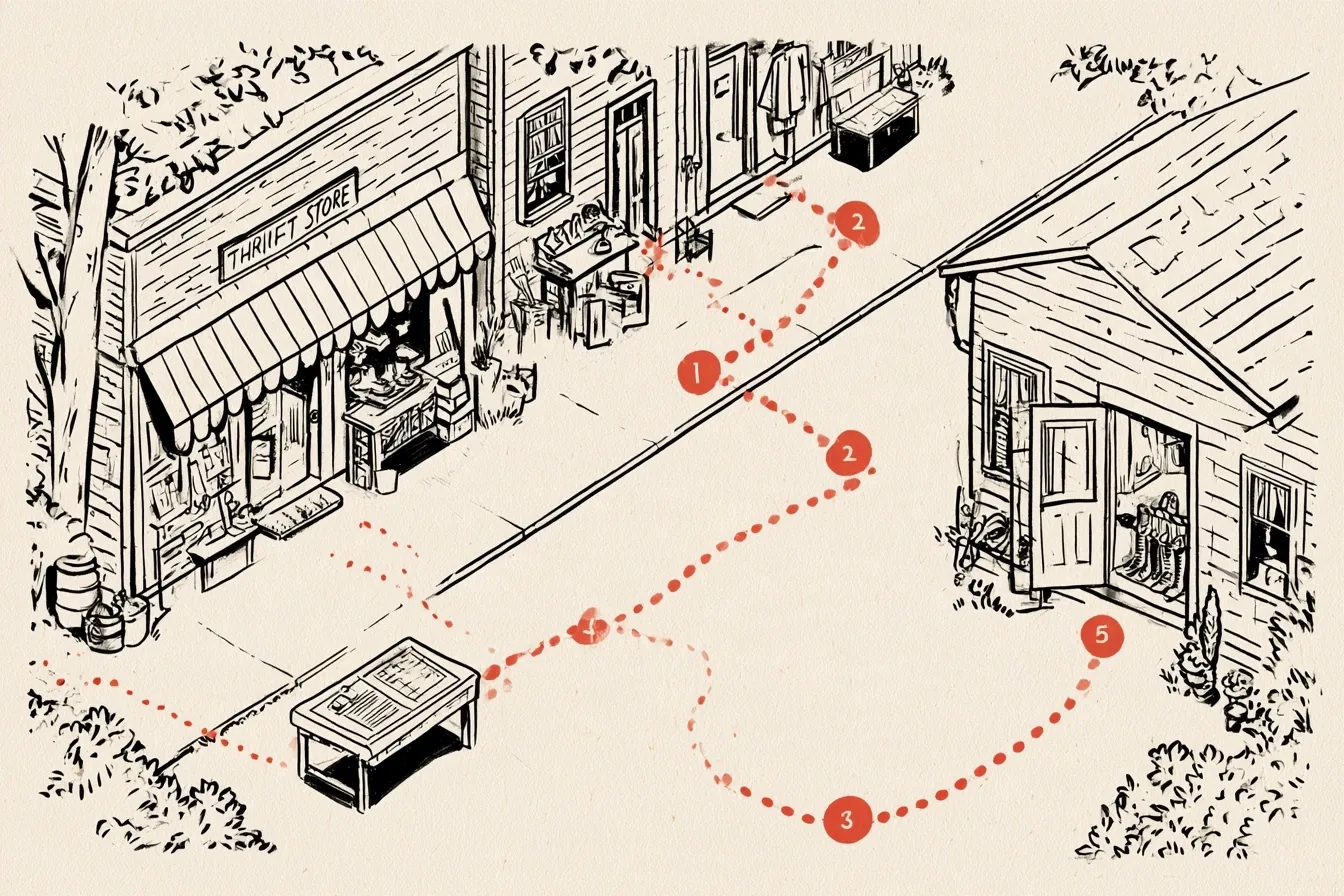 Main street. Start at the ledger table, where the cost per wear is worked out, and follow the route through the thrift store and the cobbler to the boot rack at home, which is the save point.