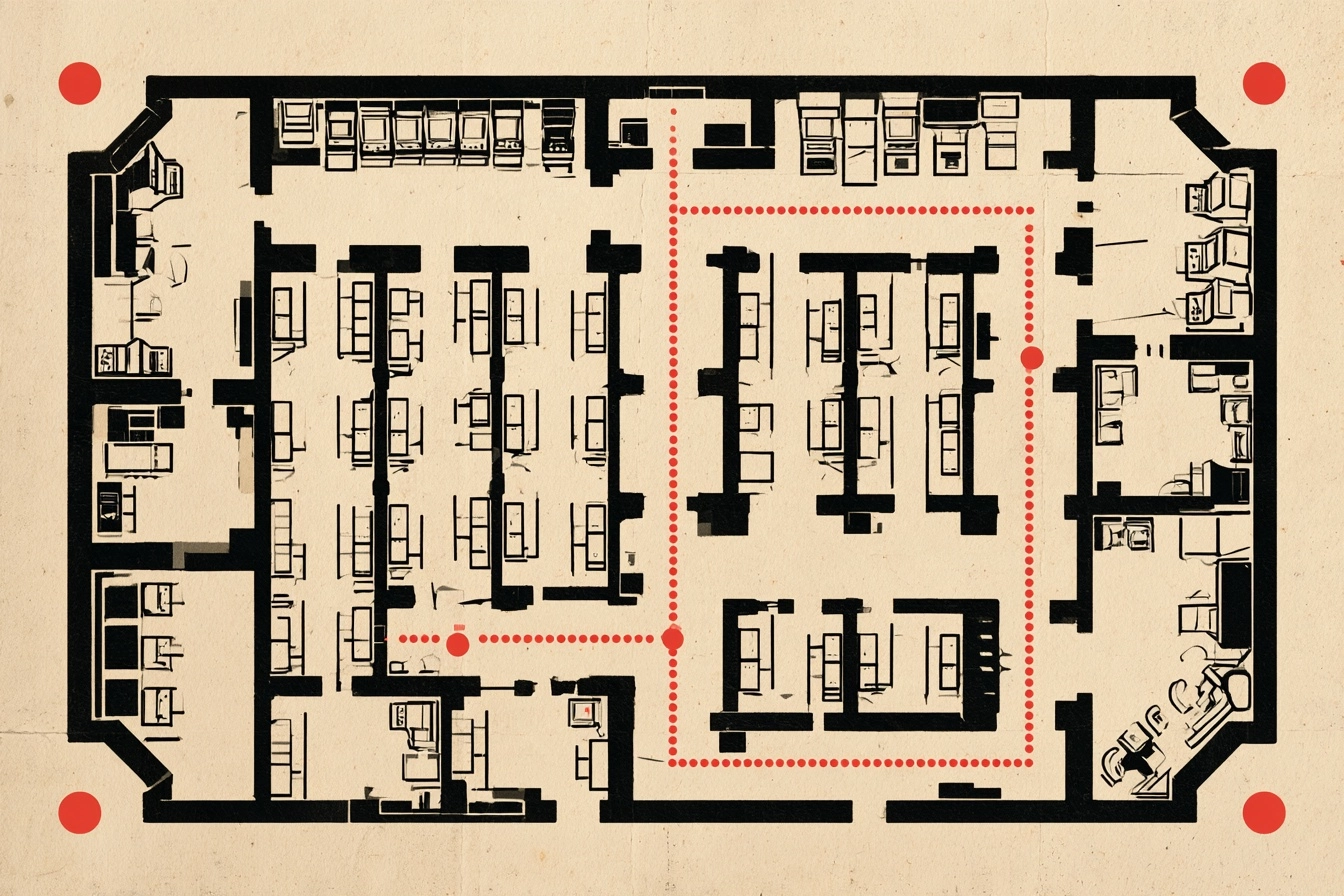 The parlor. The floor is a maze of tables and cabinets, and the red markers are the corners where you turn.