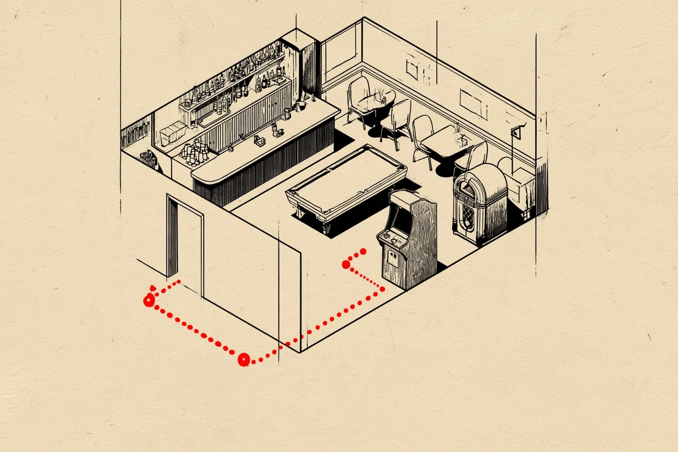 The tavern. Walk in the front door, pass the bar and the pool table, and the route ends at the cabinet by the jukebox.