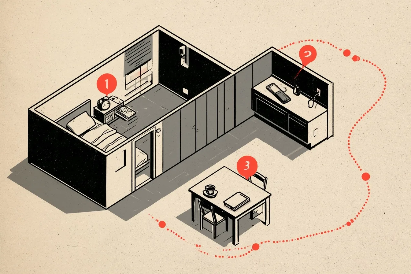 The house after dark. The phone sleeps in the kitchen, the long hallway is the boss and every step of it works in your favor.