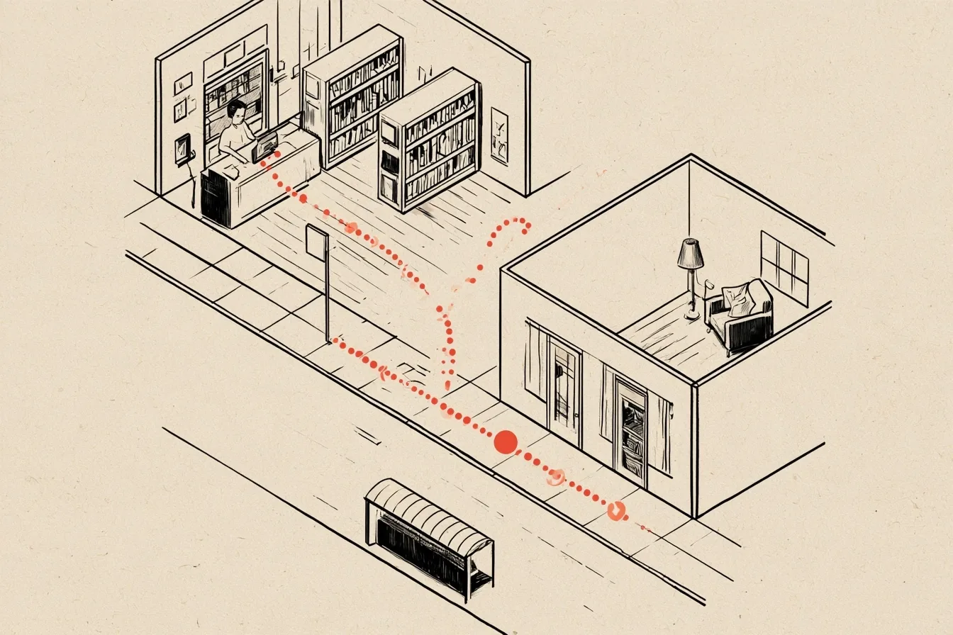 The reading year. The route starts at the library desk, alternates between the two shelves, passes the bus stop where audiobooks do their work and ends at the reading chair, where the phone is not allowed.