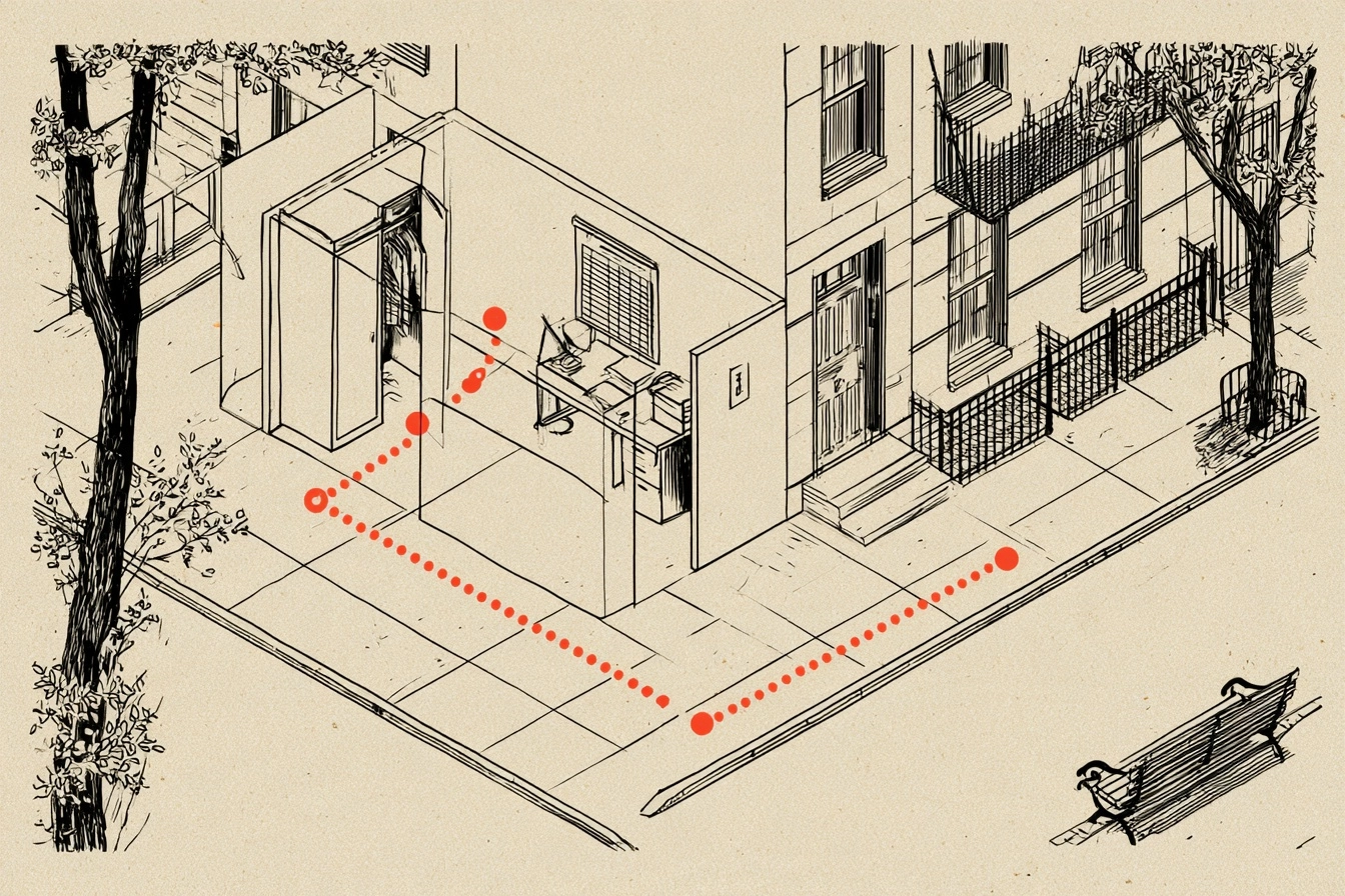 The code. The route runs from the closet, through the room and the ledger, and ends at the park bench, where rule twelve waits as the boss.