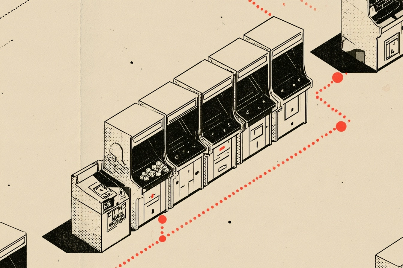 The arcade. The quarters on the control panel mark the line, and the route is the queue.