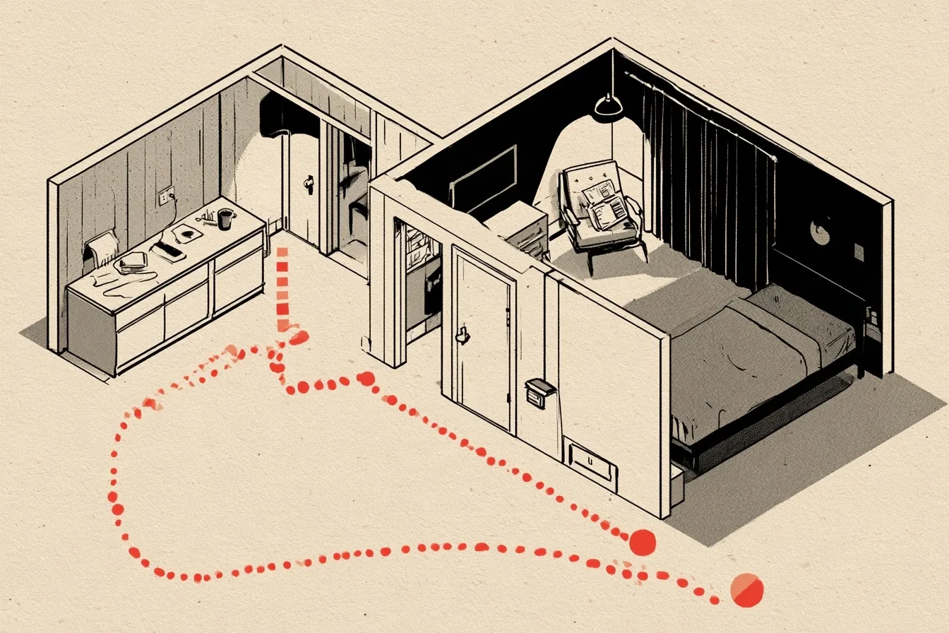 The long night. The route starts at the kitchen counter, where the phone and the last cup stay behind, and runs down the dim hallway to the bed; the side path to the reading chair is for the nights you cannot sleep.