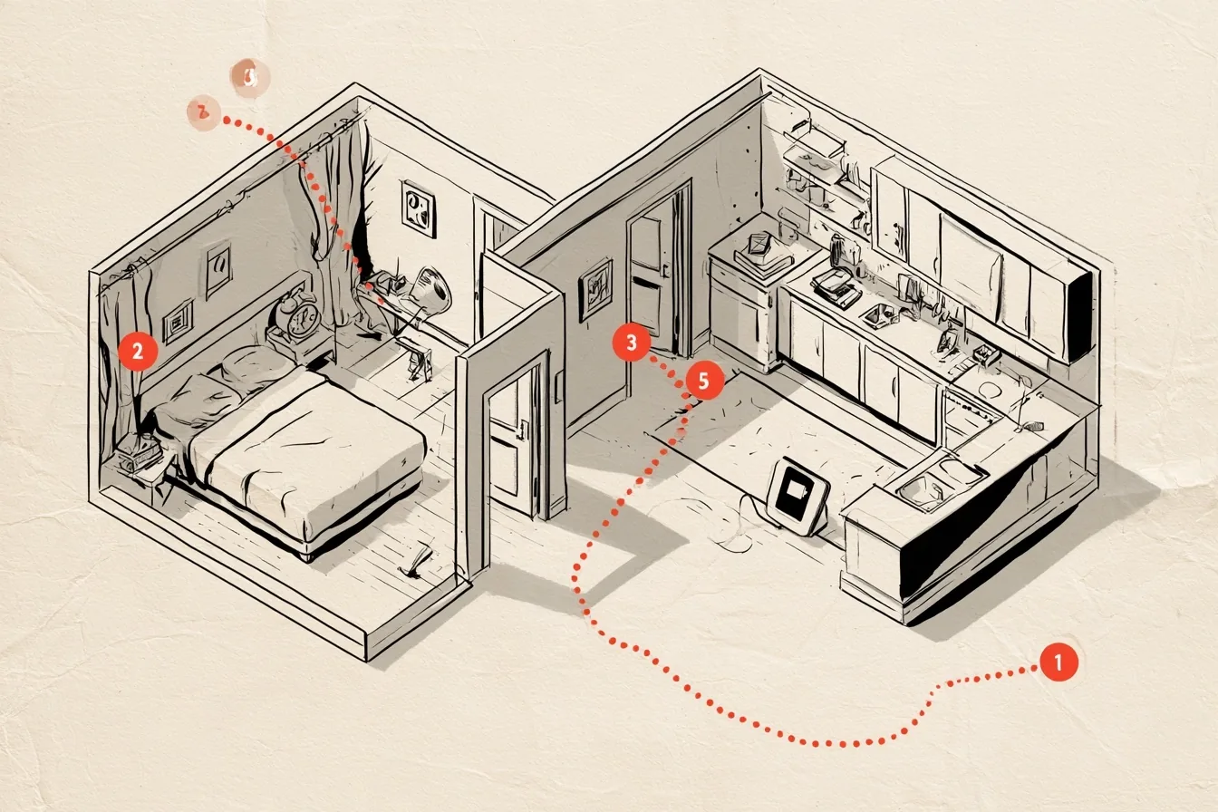 The apartment. Follow the phone from the nightstand to the kitchen counter; the boss waits at the moment the charger leaves the bedroom for good.
