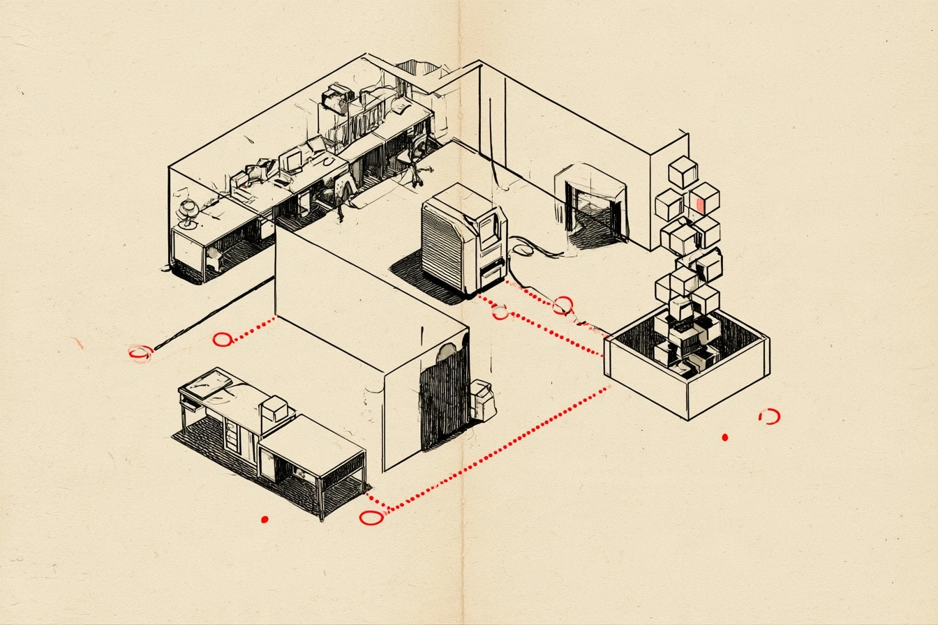 The lab. The terminal sits on the desk, and the seven shapes stack in the well beside it.