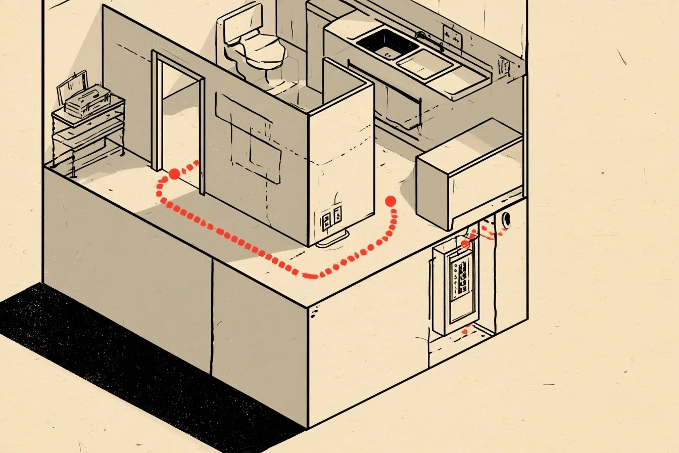 The house. Start at the toolbox on the hall shelf, work through the bathroom and the kitchen and finish at the breaker panel, where every electrical job begins.