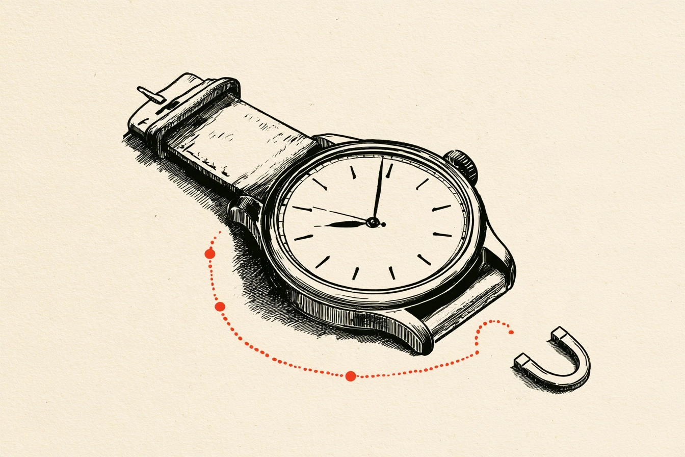 The watch. Start at the crown and move clockwise, and give the shaded date zone and the magnet at the edge a wide berth.