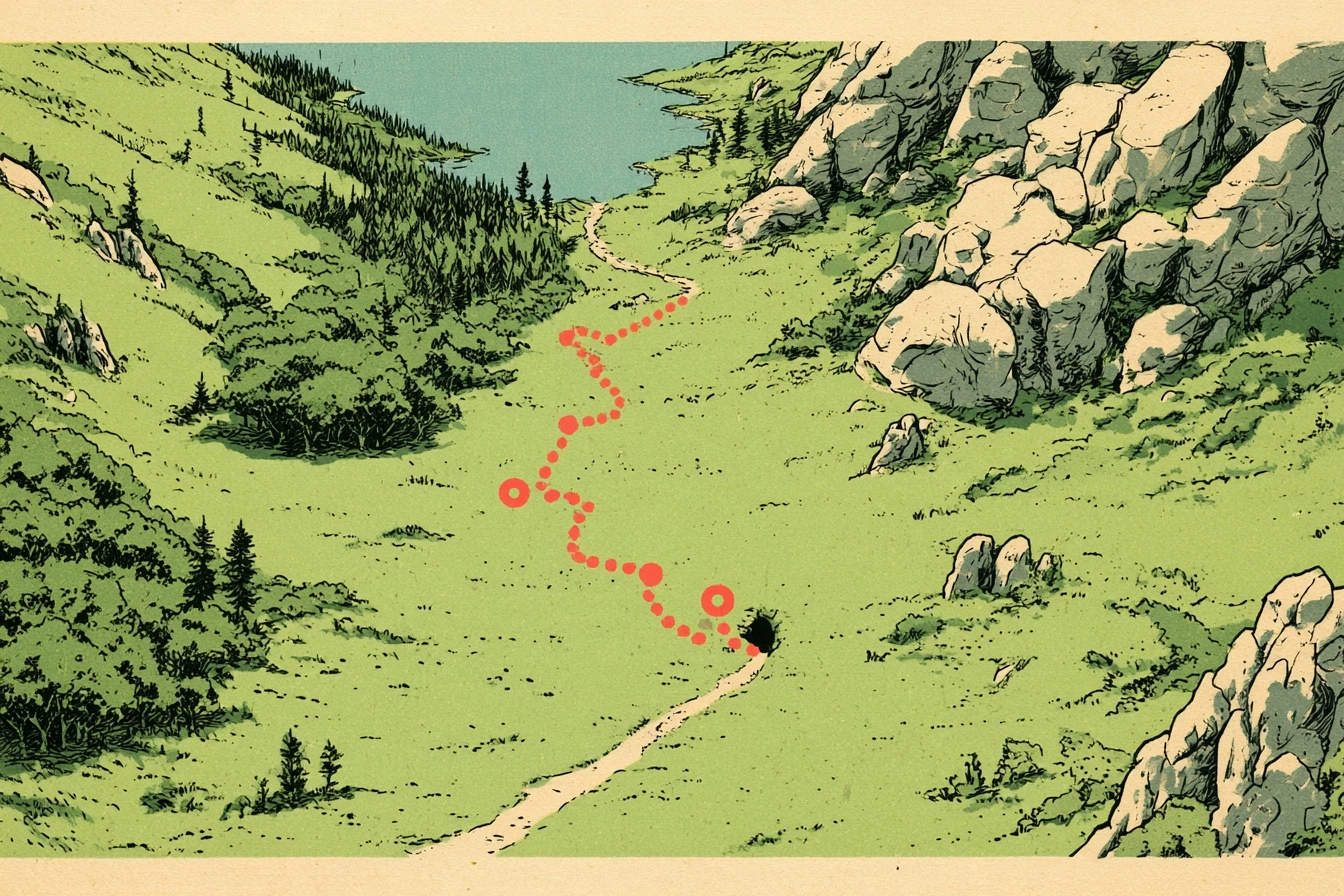 The overworld. The route leaves the clearing, crosses the hills and ends at the cave, where it is dangerous to go alone.