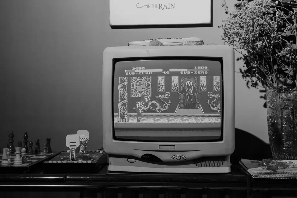 A small CRT television showing a fighting game sits on a table beside a chessboard and a vase of dried flowers.
