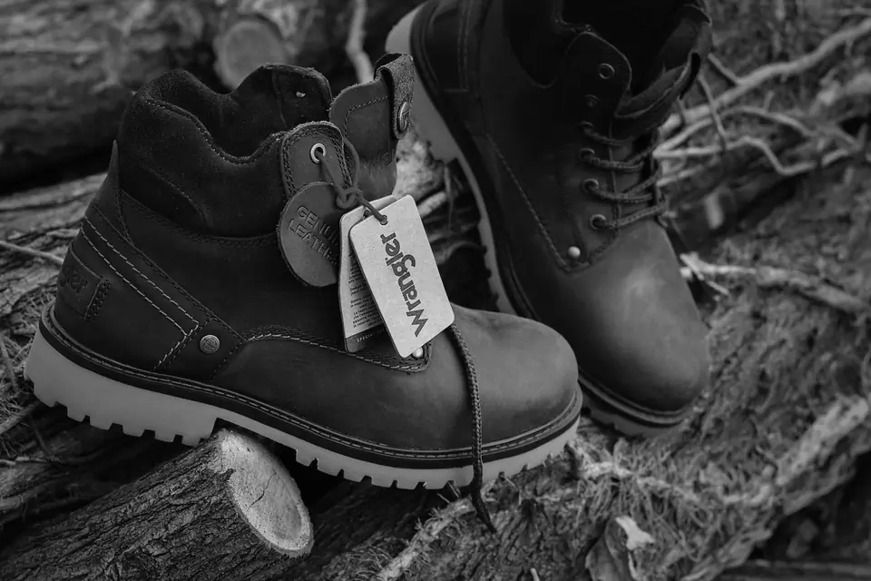 A pair of new leather work boots with a legible “Wrangler” tag sits on a log in the woods.