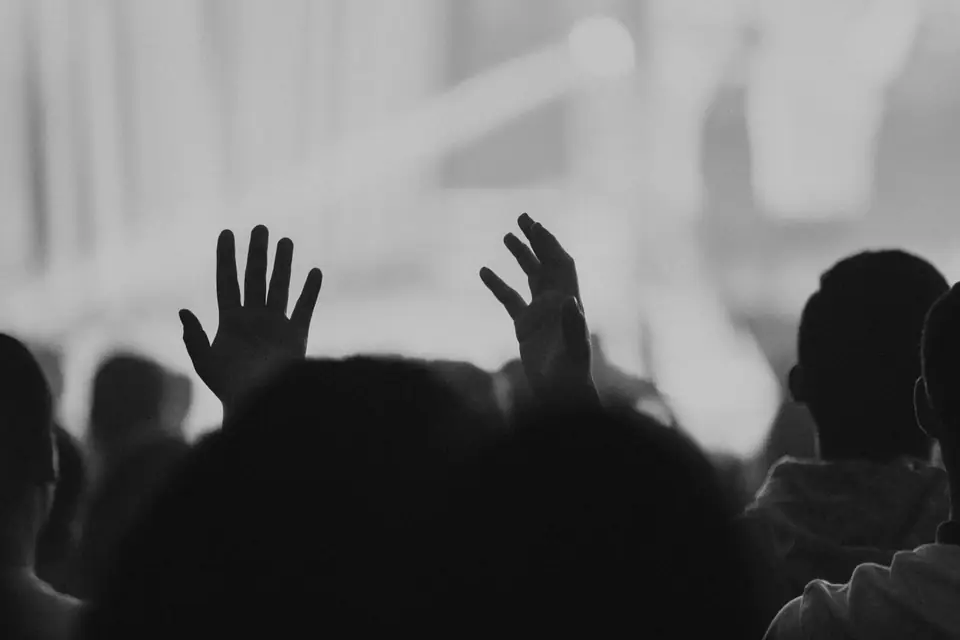 Silhouetted concertgoers raise their hands toward bright, hazy stage lights.