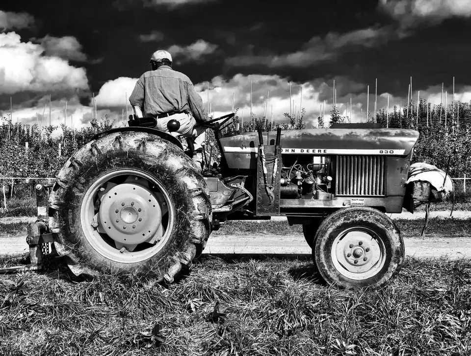 A man sits on a John Deere tractor parked on grass beside an orchard under dramatic clouds.