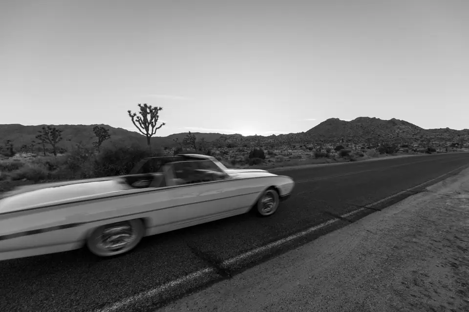 A blurred vintage convertible drives along a desert road lined with Joshua trees.
