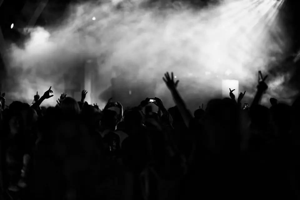 Silhouetted concertgoers raise their hands toward a stage filled with smoke and light.
