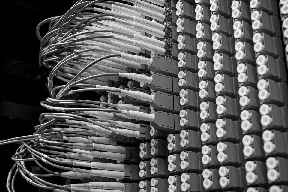 Hundreds of cables plug into rows of ports on a network patch panel.