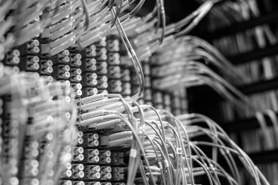 Bundles of thin network cables plug into a wall of ports, blurring into the distance.