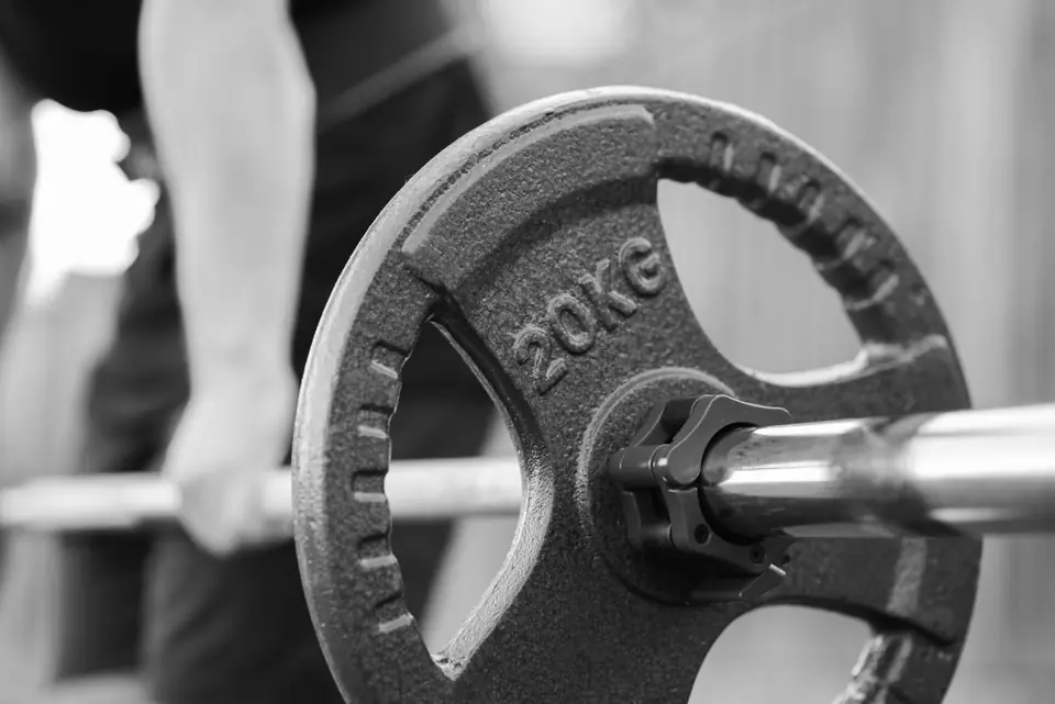 A close view of a 20 kg iron weight plate on a barbell, with a person gripping the bar behind it.